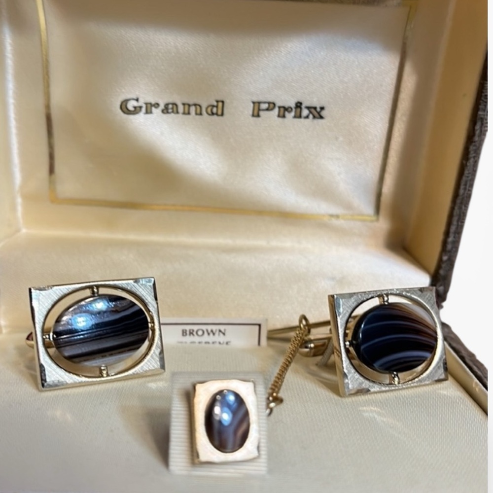 Grand Prix Tiger Eye Cuff Links and Tie Tack Set - Picture 2 of 2